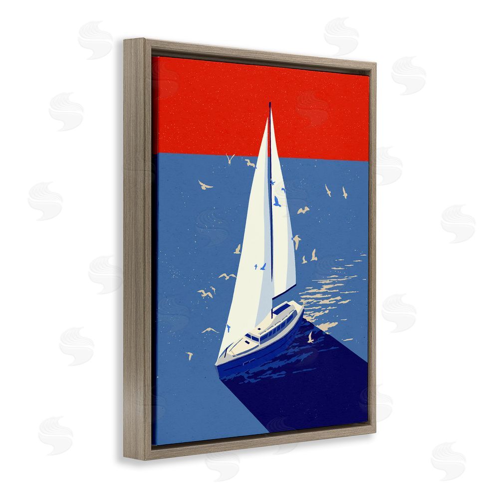 Ziwei Li Red & Blue Sailboat at Sea Brown Floating Frame Canvas Wall Art Print