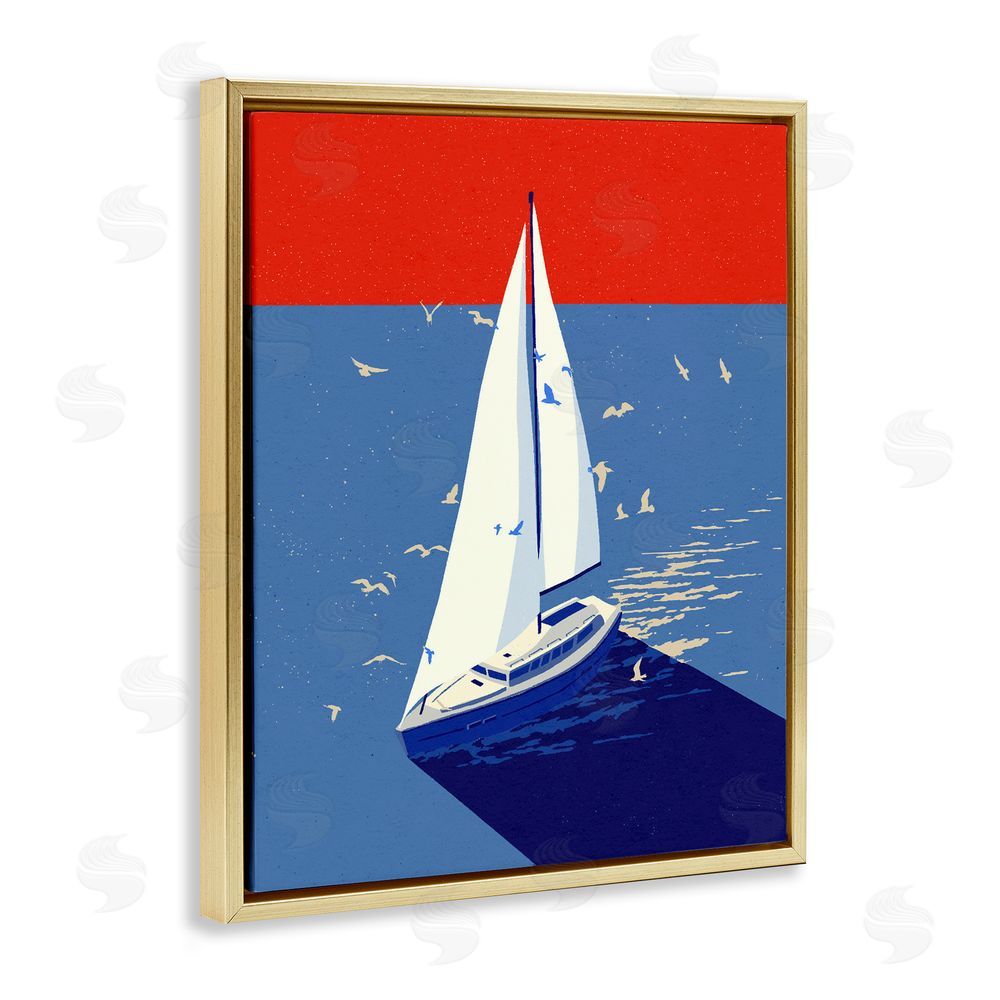 Ziwei Li Red & Blue Sailboat at Sea Gold Floating Frame Canvas Wall Art Print