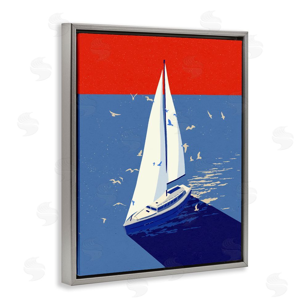 Ziwei Li Red & Blue Sailboat at Sea Gray Floating Frame Canvas Wall Art Print