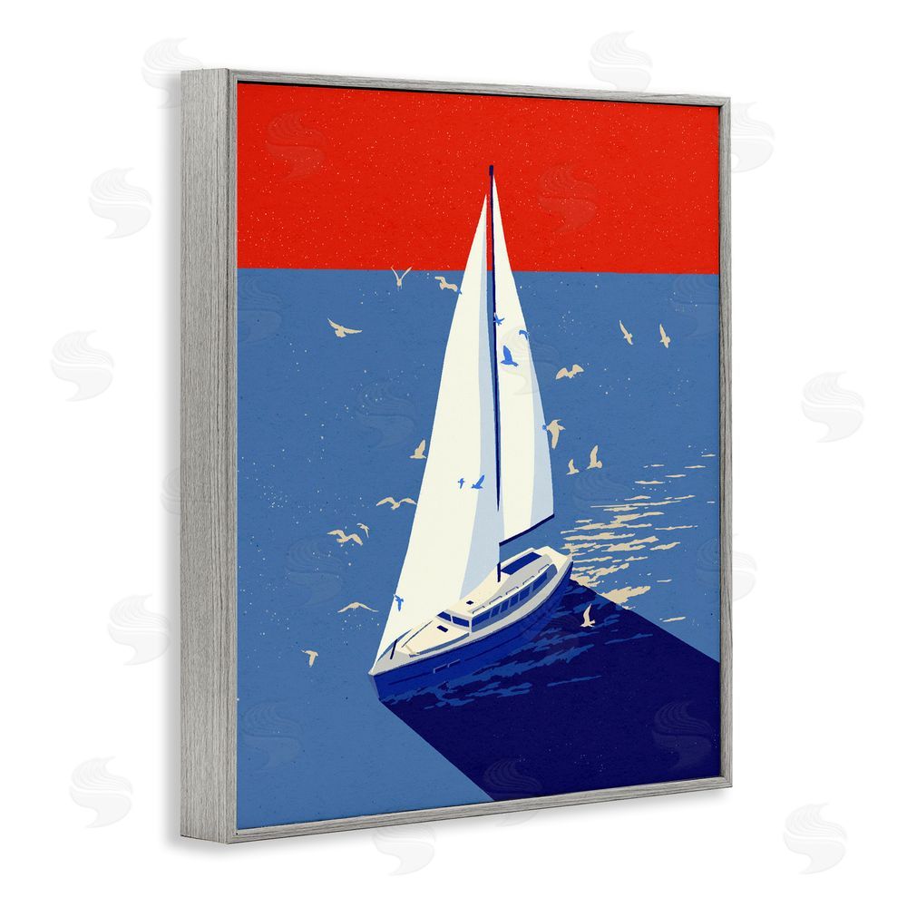 Ziwei Li Red & Blue Sailboat at Sea Gray Framed Giclee Wall Art Print