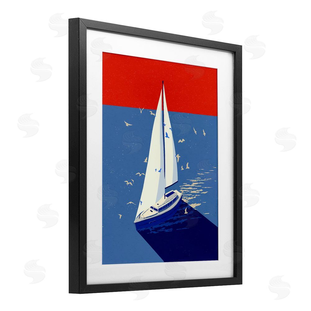 Ziwei Li Red & Blue Sailboat at Sea Black Framed Print Under Glass Wall Art