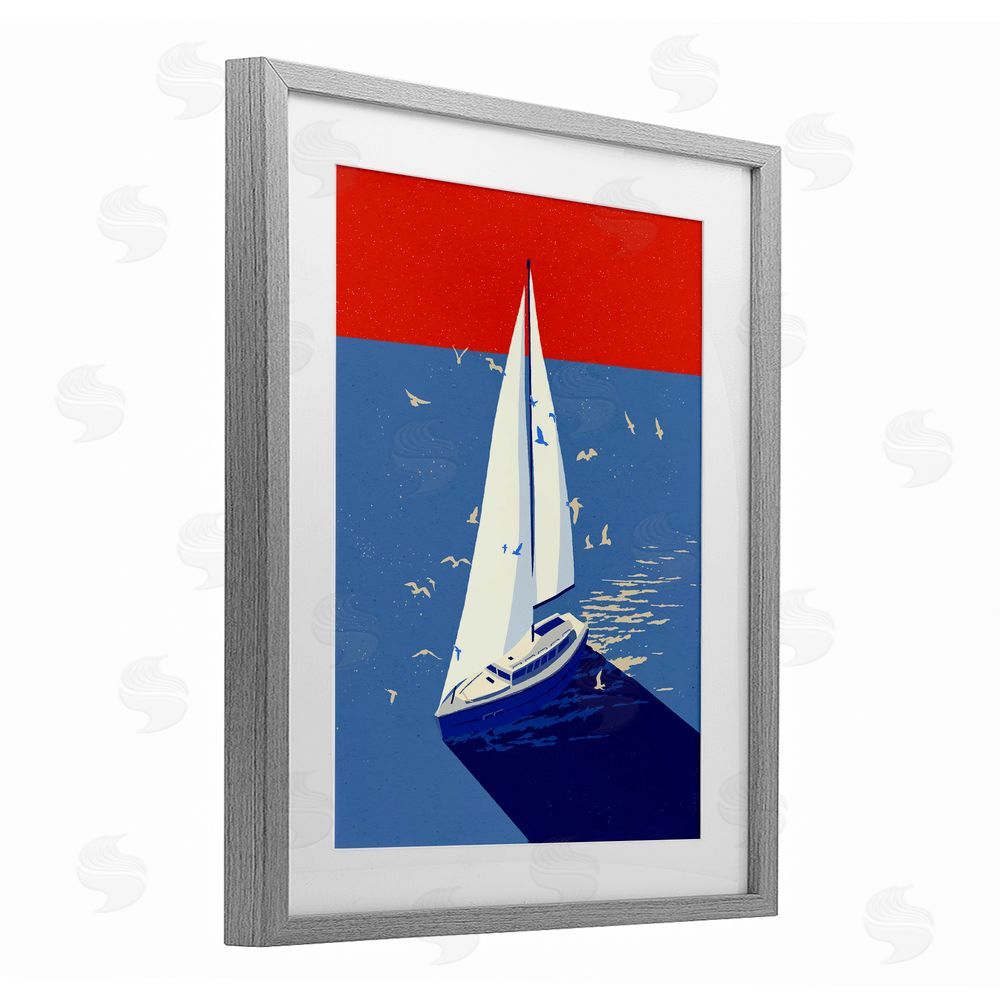 Ziwei Li Red & Blue Sailboat at Sea Gray Framed Print Under Glass Wall Art