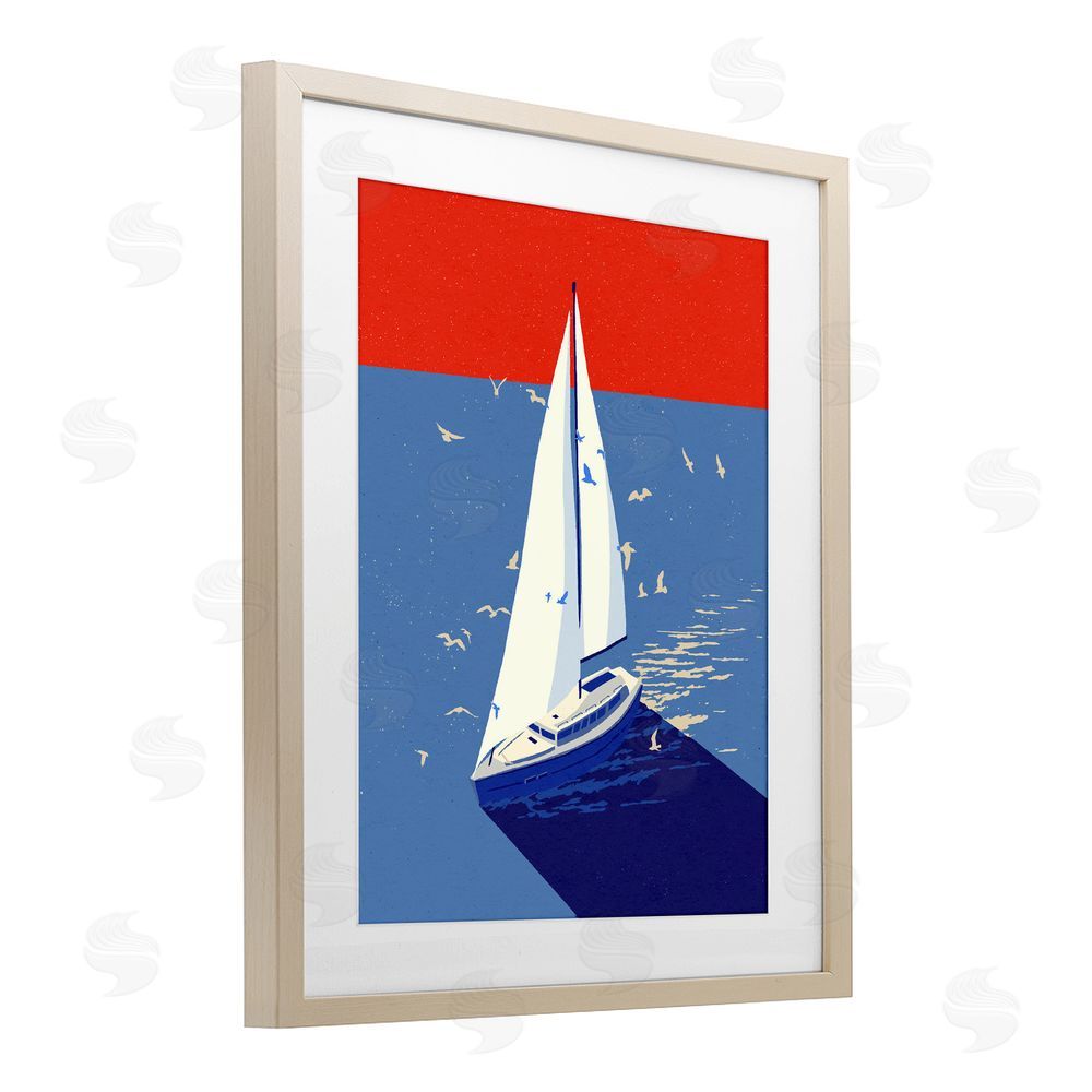 Ziwei Li Red & Blue Sailboat at Sea Brown Framed Print Under Glass Wall Art