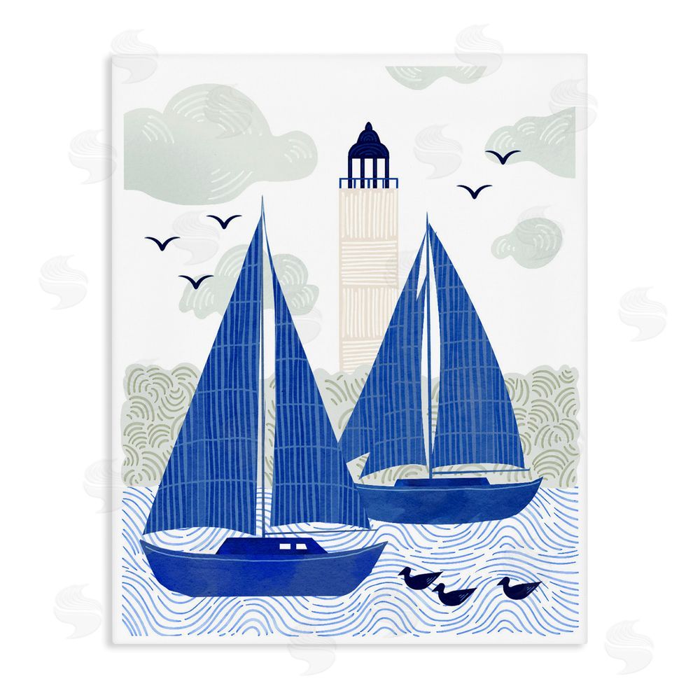 Ziwei Li Two Blue Sailboats by Lighthouse Stretched Canvas Wall Art Print