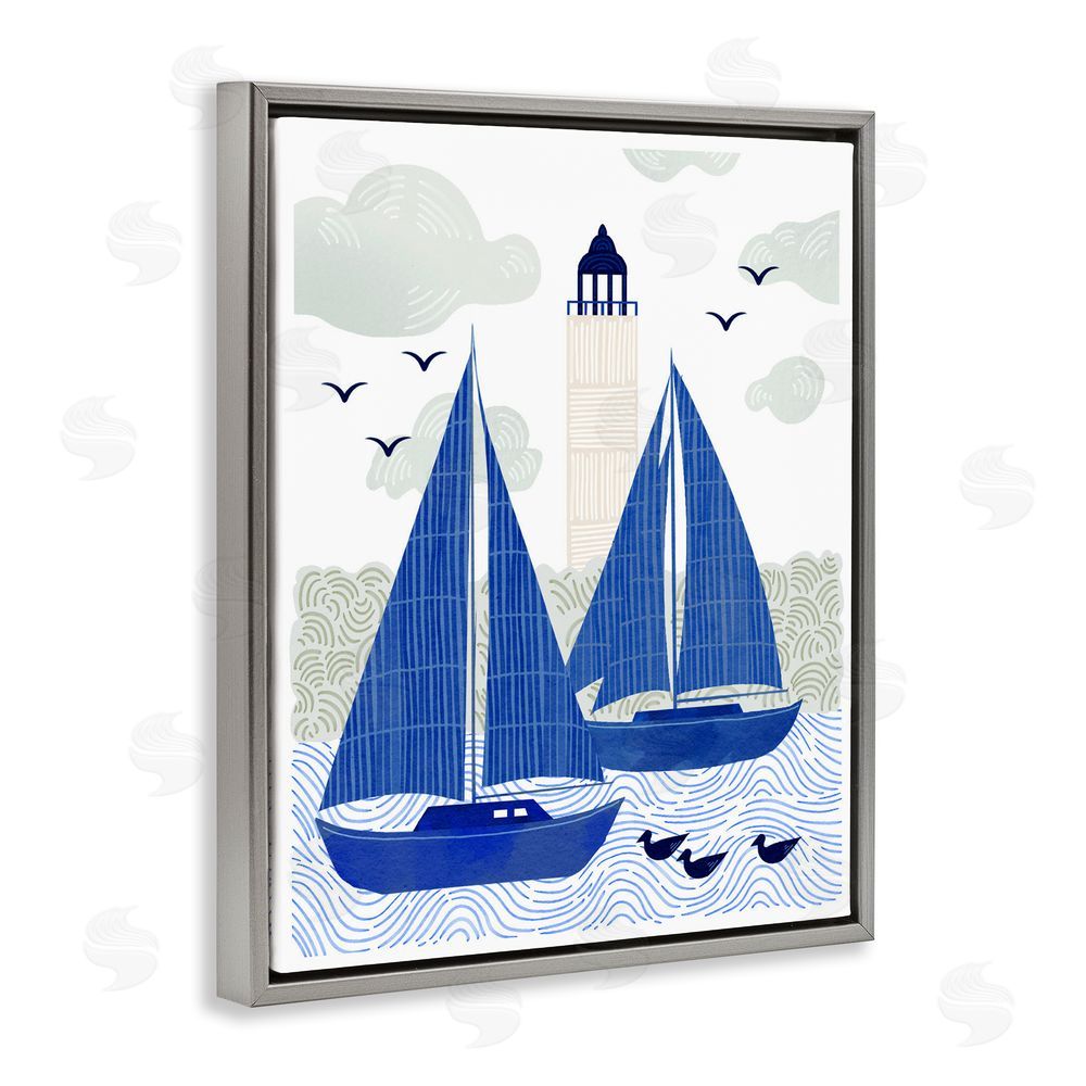 Ziwei Li Two Blue Sailboats by Lighthouse Gray Floating Frame Canvas Wall Art Print