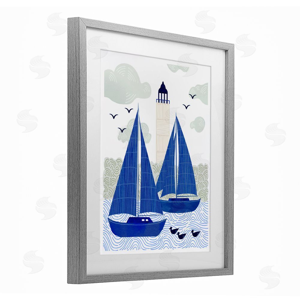 Ziwei Li Two Blue Sailboats by Lighthouse Gray Framed Print Under Glass Wall Art