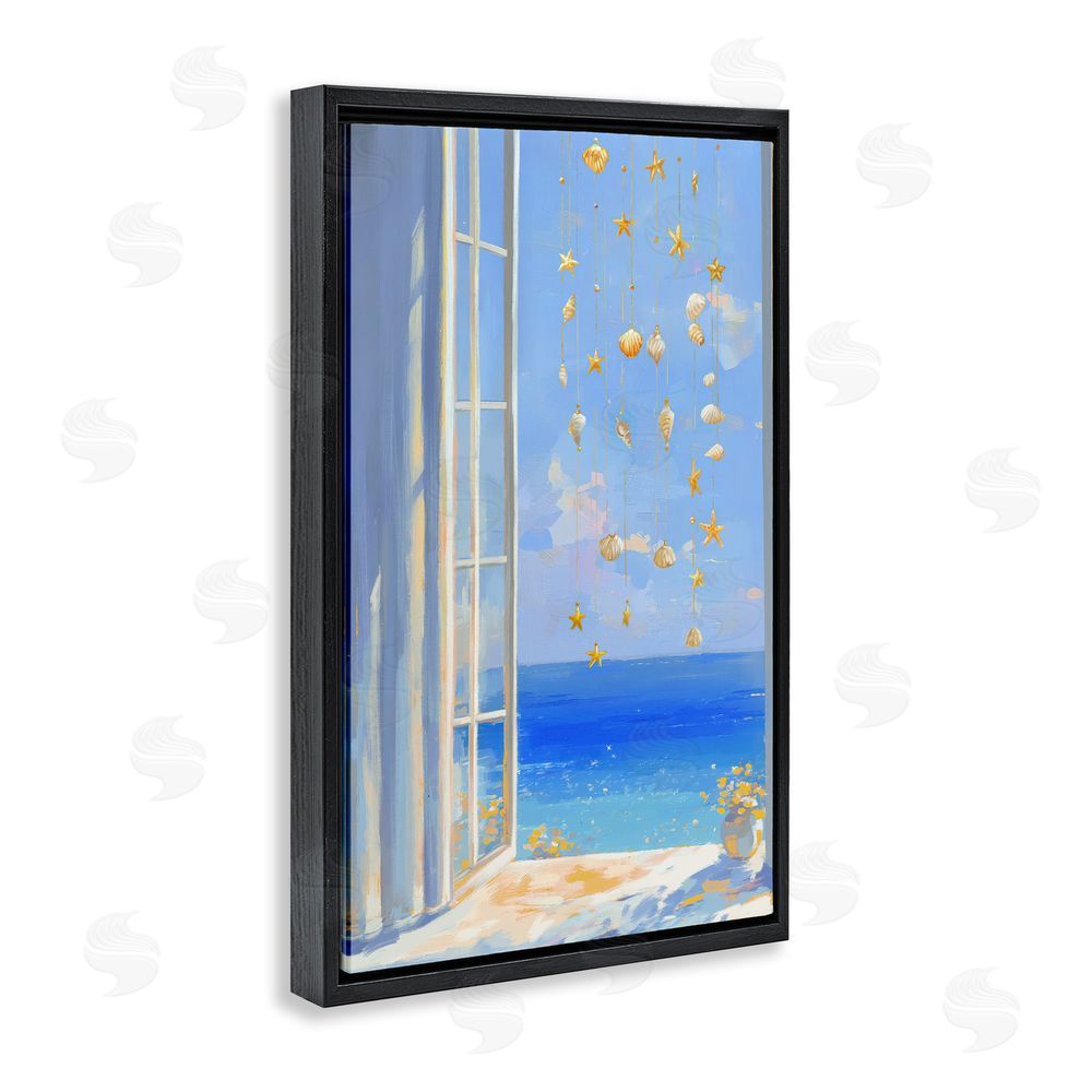 Ziwei Li Dangling Seashells in Window View Black Floating Frame Canvas Wall Art Print