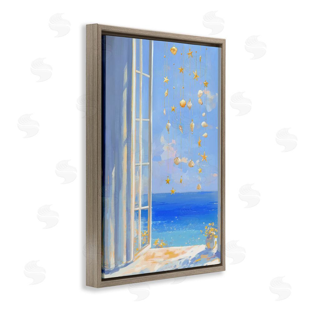 Ziwei Li Dangling Seashells in Window View Brown Floating Frame Canvas Wall Art Print