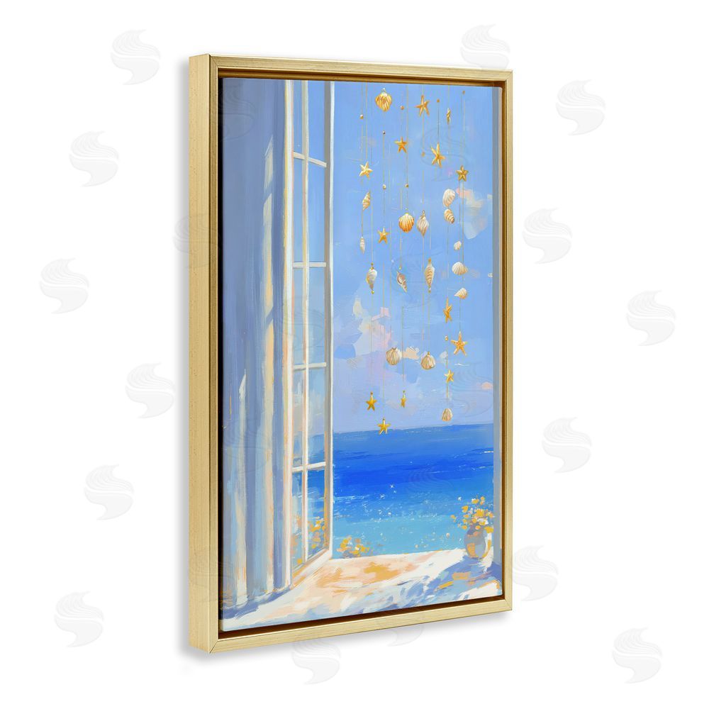 Ziwei Li Dangling Seashells in Window View Gold Floating Frame Canvas Wall Art Print