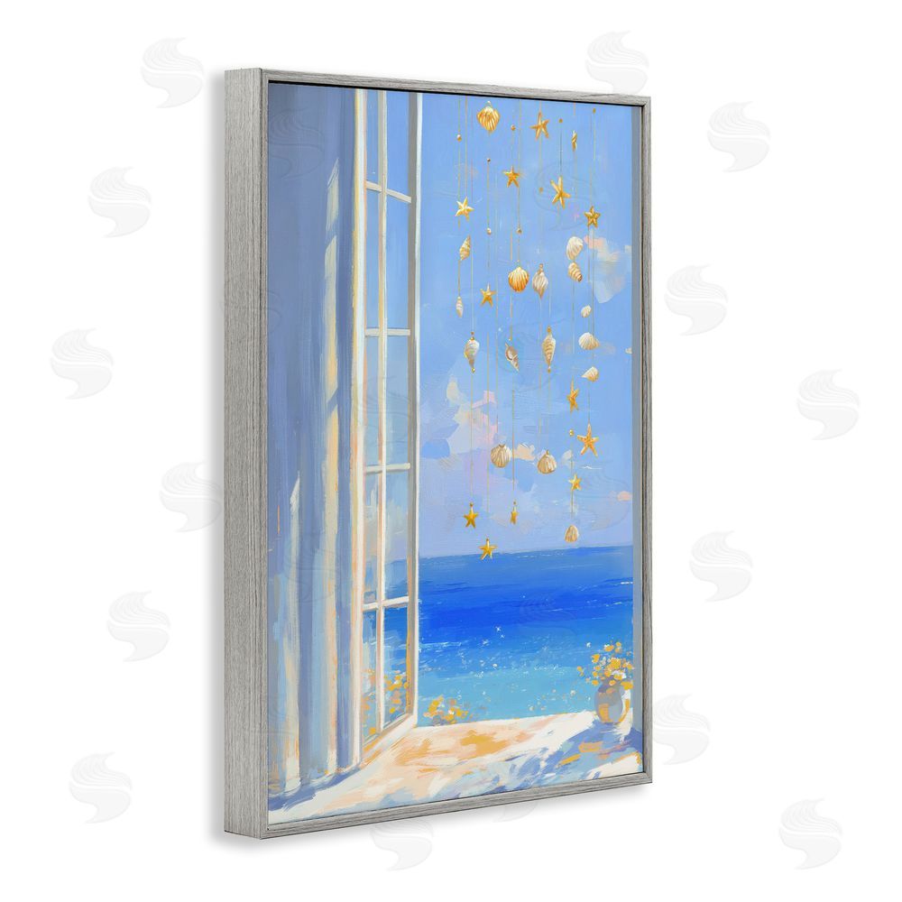 Ziwei Li Dangling Seashells in Window View Gray Framed Giclee Wall Art Print