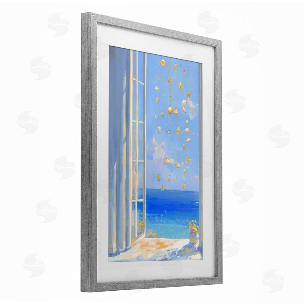 Ziwei Li Dangling Seashells in Window View Gray Framed Print Under Glass Wall Art