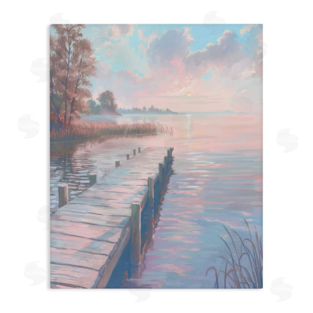 Ziwei Li Pastel Sunset Over Quiet Dock Stretched Canvas Wall Art Print