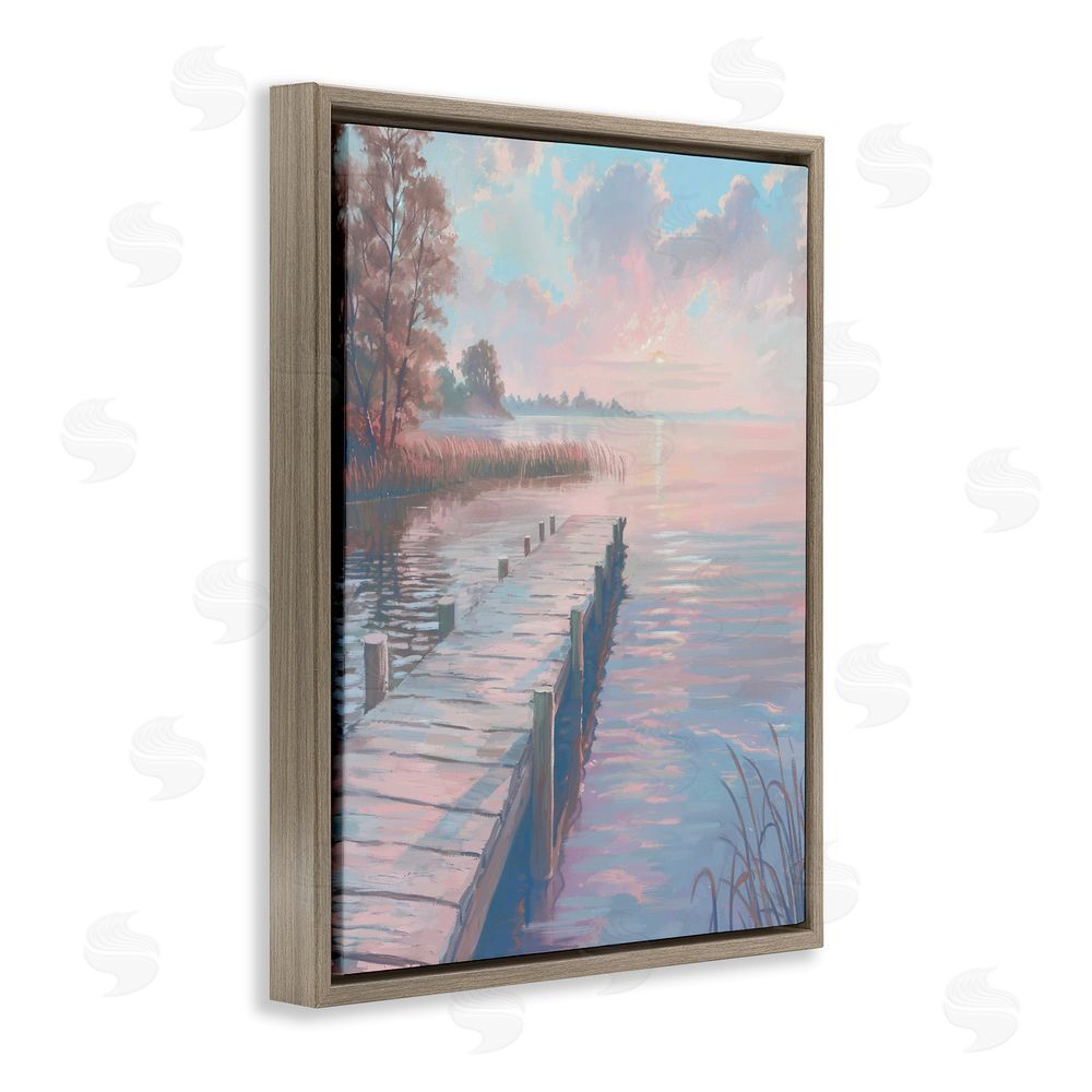 Ziwei Li Pastel Sunset Over Quiet Dock Brown Floating Frame Canvas Wall Art Print