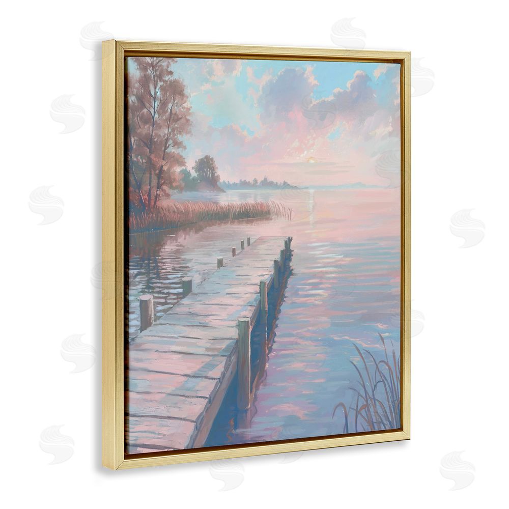 Ziwei Li Pastel Sunset Over Quiet Dock Gold Floating Frame Canvas Wall Art Print