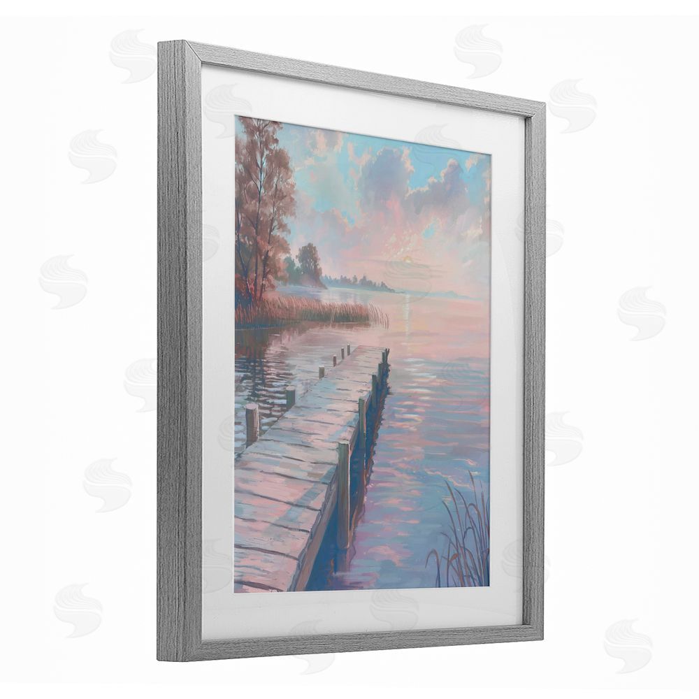Ziwei Li Pastel Sunset Over Quiet Dock Gray Framed Print Under Glass Wall Art