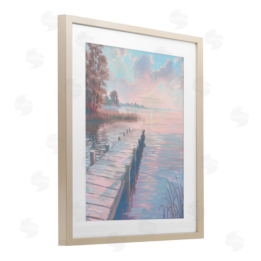 Ziwei Li Pastel Sunset Over Quiet Dock Brown Framed Print Under Glass Wall Art