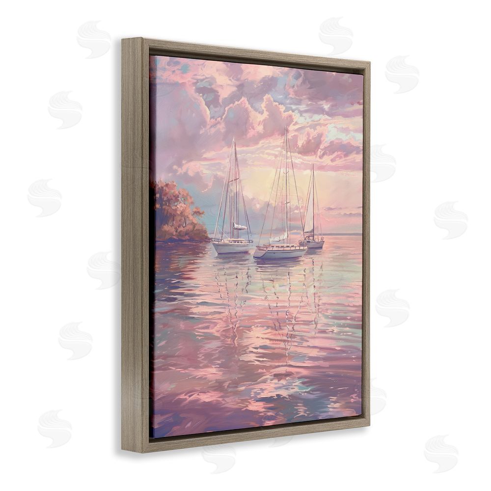 Ziwei Li Pastel Sunset over Anchored Boats Brown Floating Frame Canvas Wall Art Print