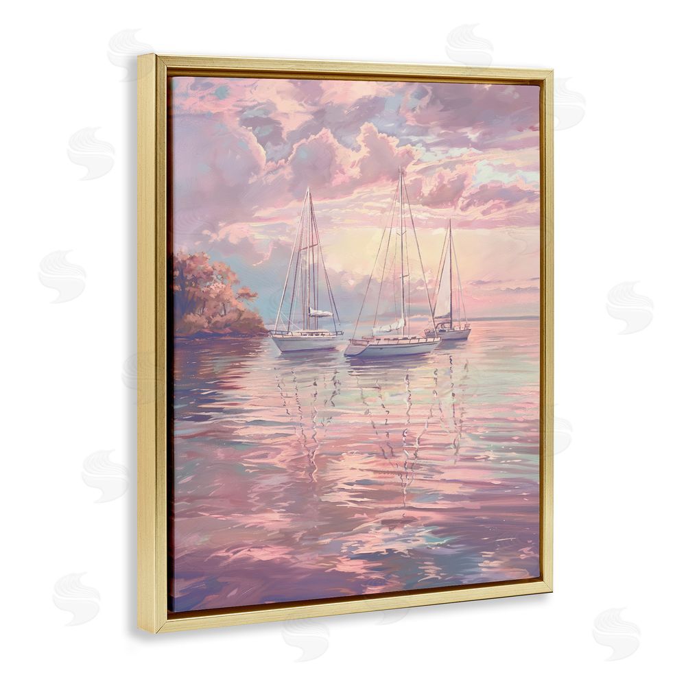 Ziwei Li Pastel Sunset over Anchored Boats Gold Floating Frame Canvas Wall Art Print