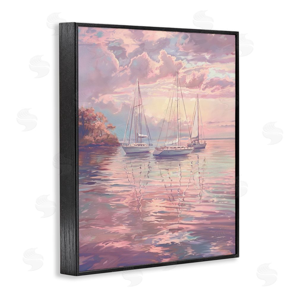Ziwei Li Pastel Sunset over Anchored Boats Black Framed Giclee Wall Art Print