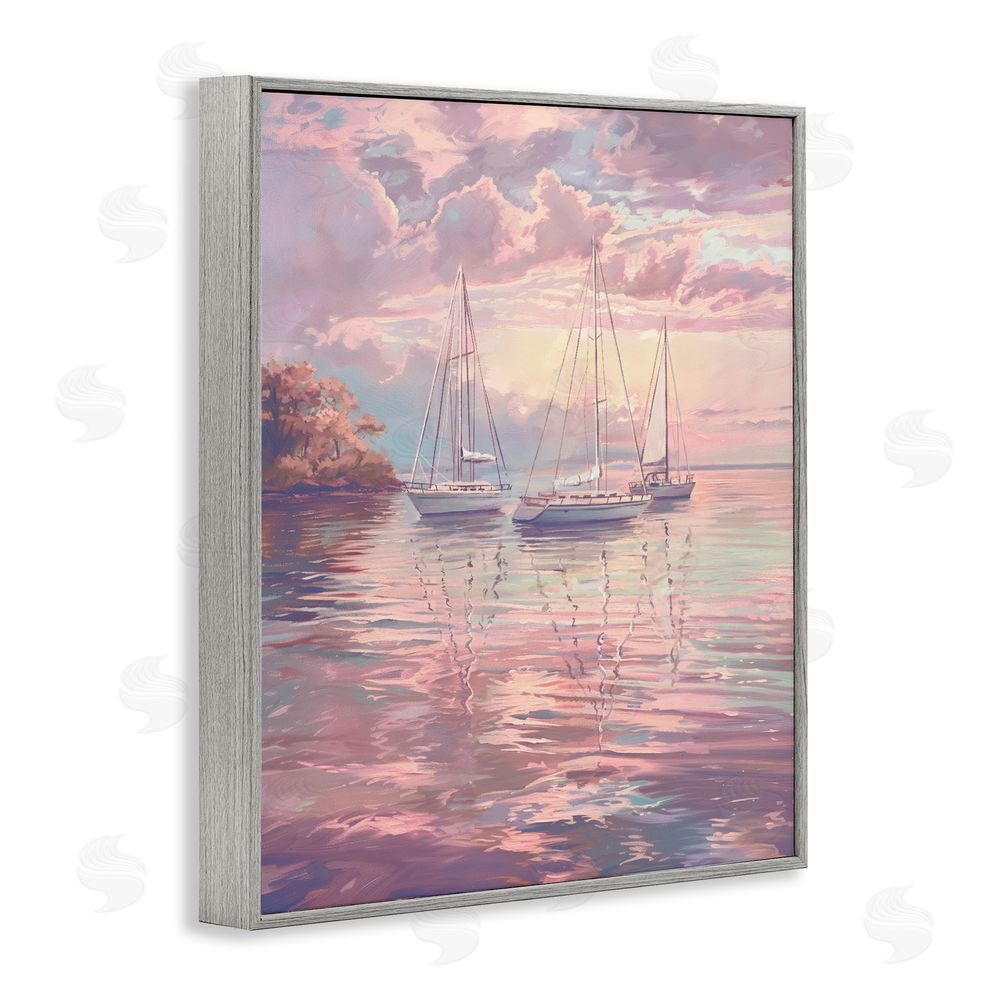 Ziwei Li Pastel Sunset over Anchored Boats Gray Framed Giclee Wall Art Print