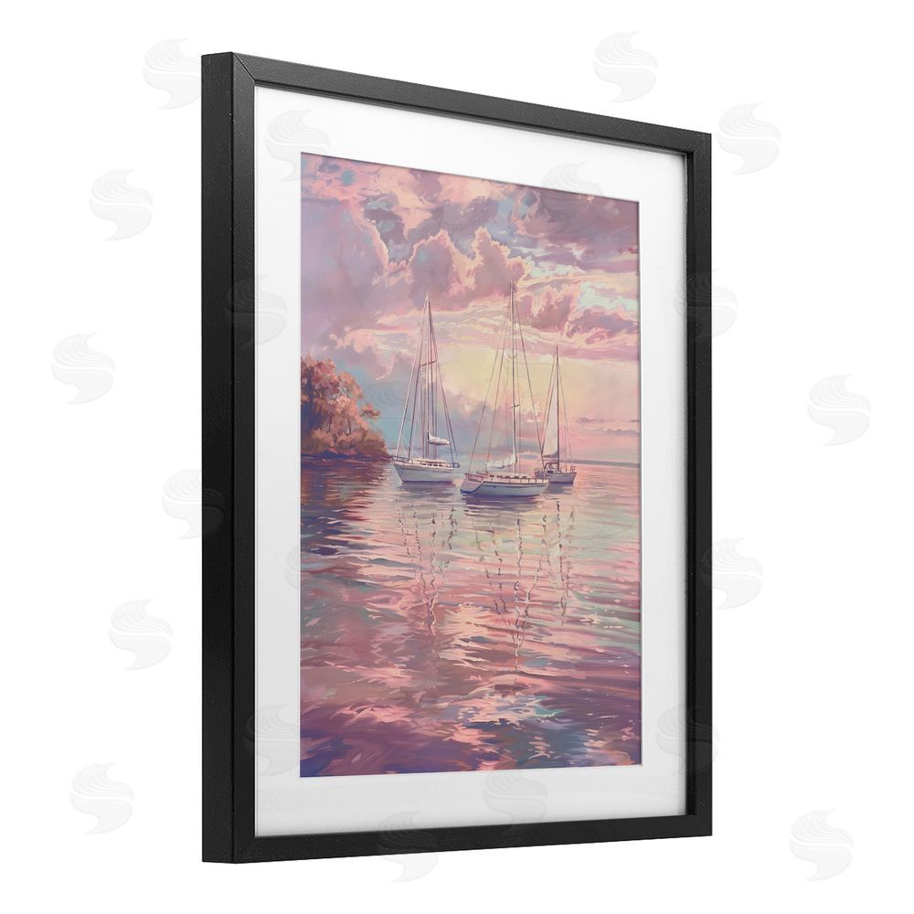Ziwei Li Pastel Sunset over Anchored Boats Black Framed Print Under Glass Wall Art