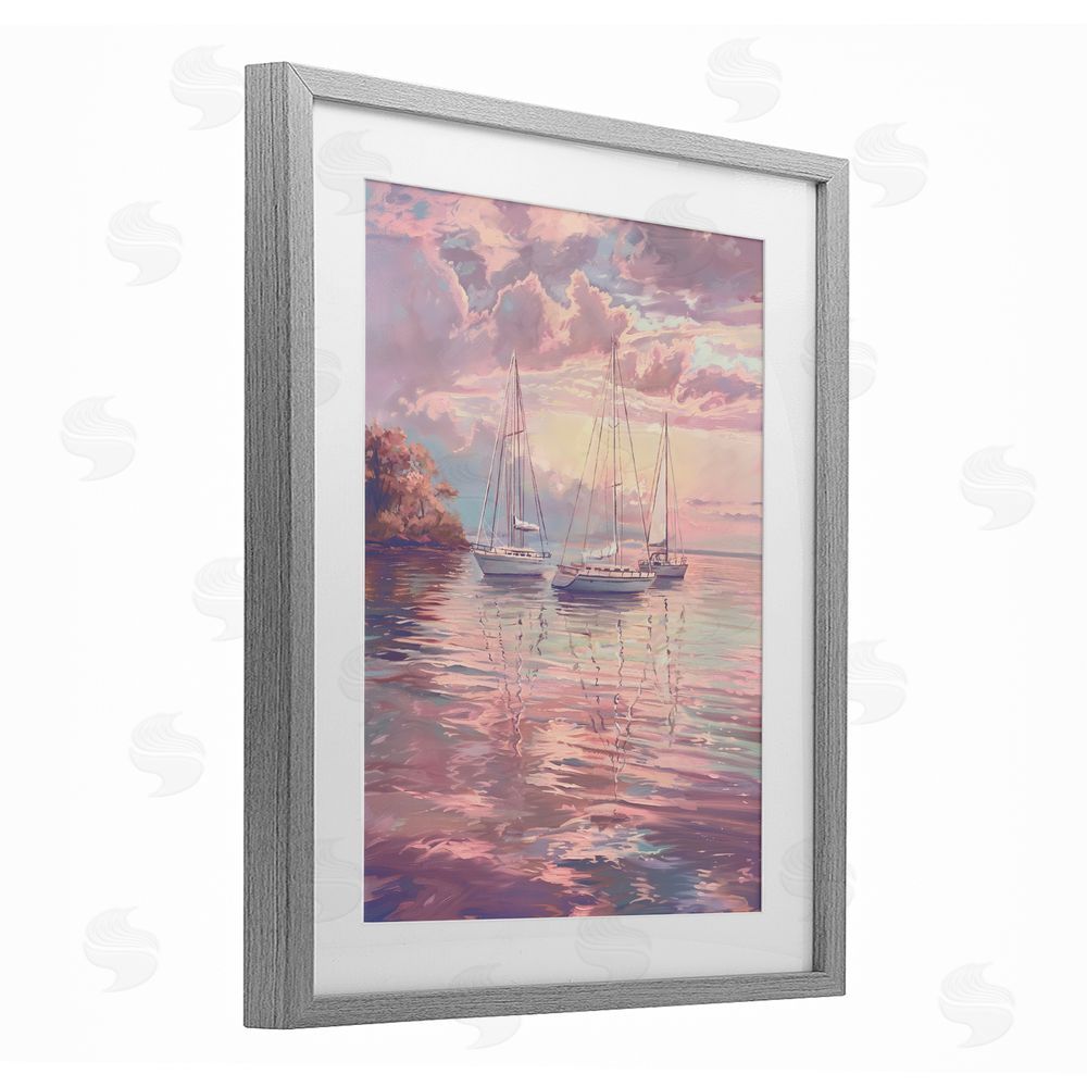 Ziwei Li Pastel Sunset over Anchored Boats Gray Framed Print Under Glass Wall Art