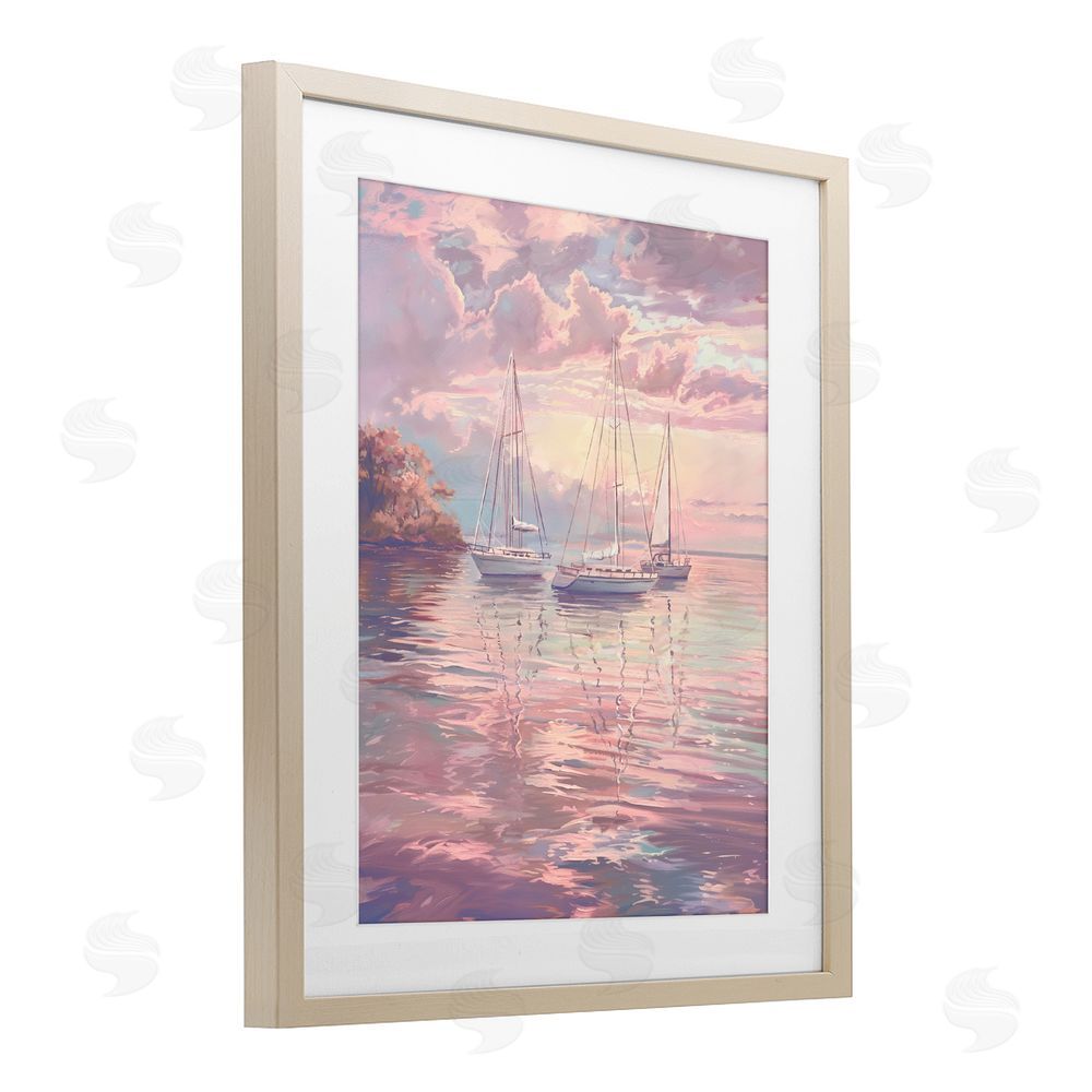 Ziwei Li Pastel Sunset over Anchored Boats Brown Framed Print Under Glass Wall Art