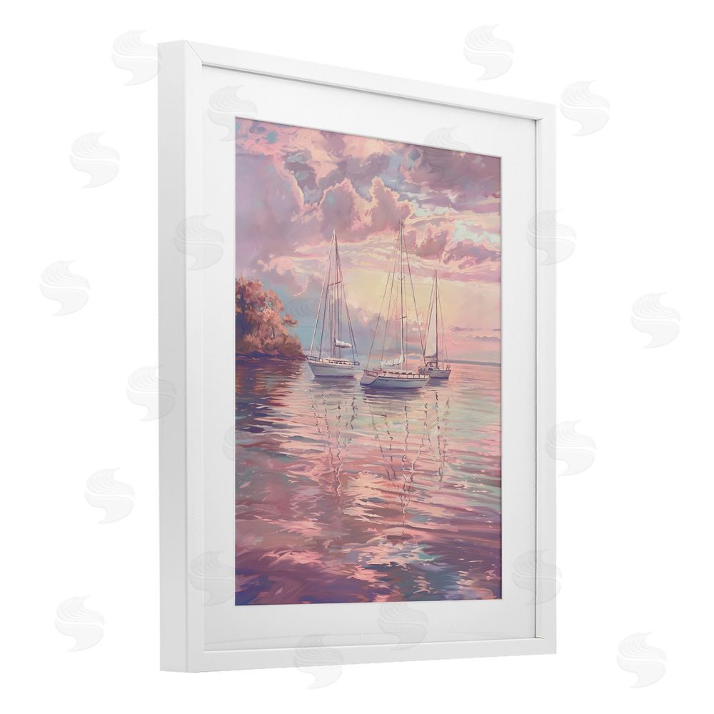 Ziwei Li Pastel Sunset over Anchored Boats White Framed Print Under Glass Wall Art