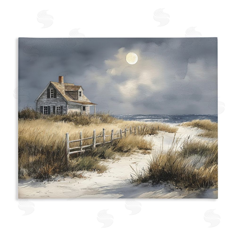 Ziwei Li Moonlit Cottage by the Dunes Stretched Canvas Wall Art Print