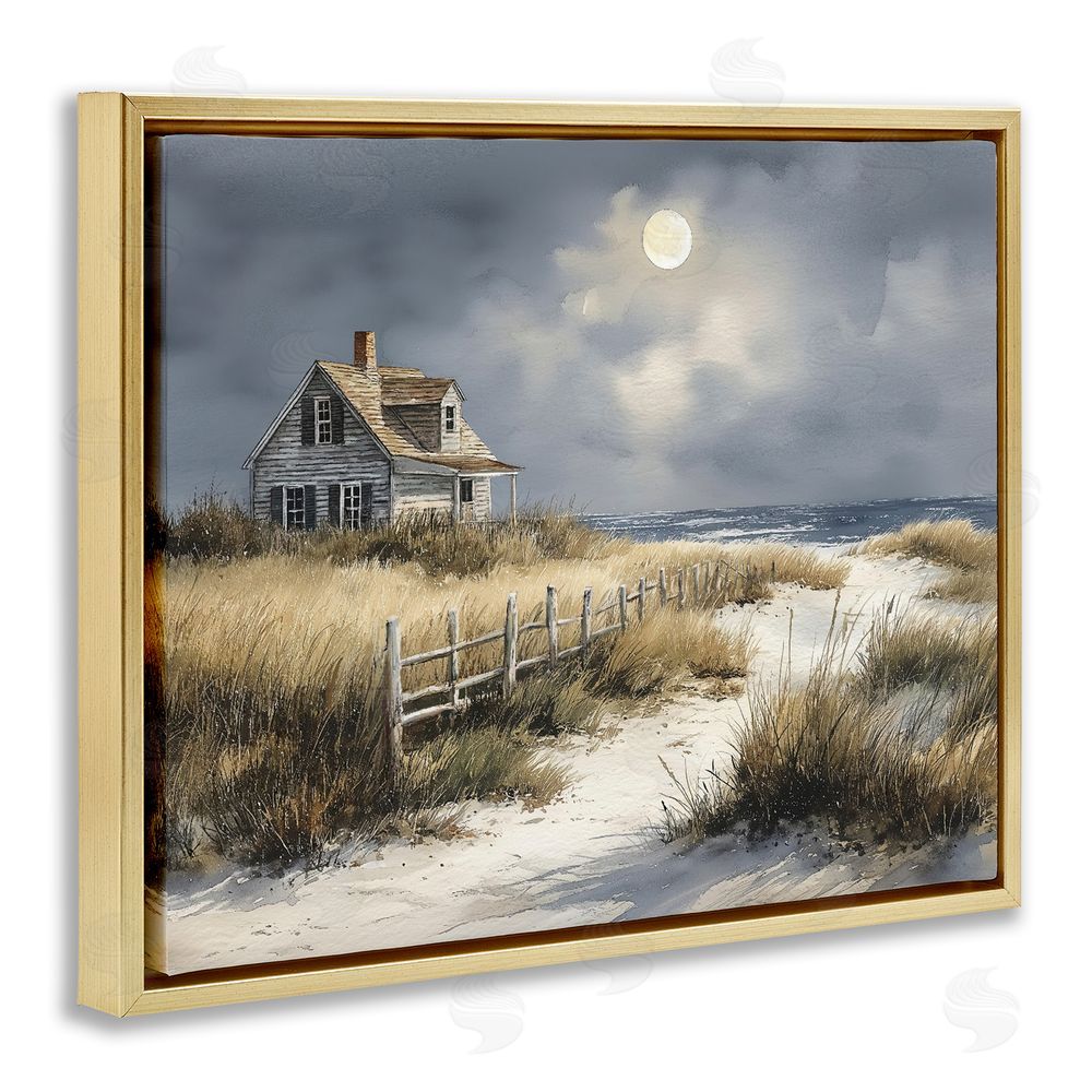Ziwei Li Moonlit Cottage by the Dunes Gold Floating Frame Canvas Wall Art Print