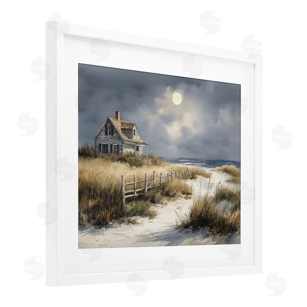 Ziwei Li Moonlit Cottage by the Dunes White Framed Print Under Glass Wall Art
