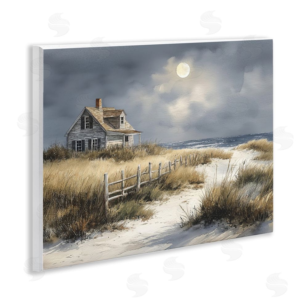 Ziwei Li Moonlit Cottage by the Dunes Wooden Wall Plaque Art Print