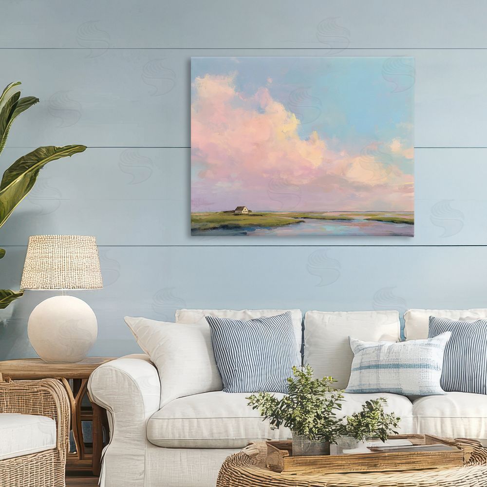 Ziwei Li Pastel Clouds over Cottage Stretched Canvas Wall Art in Room
