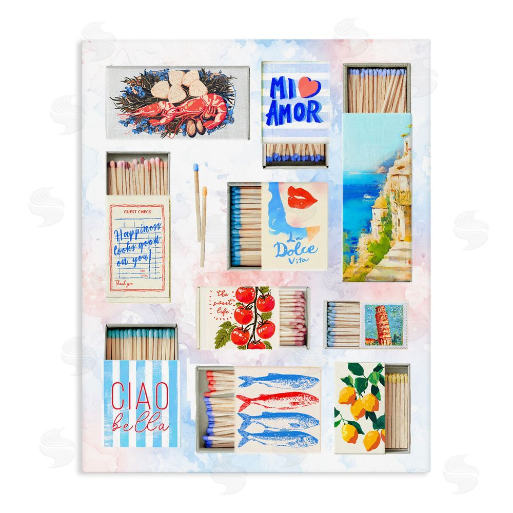 Ziwei Li Mediterranean Matchbox Collage Stretched Canvas Wall Art Print