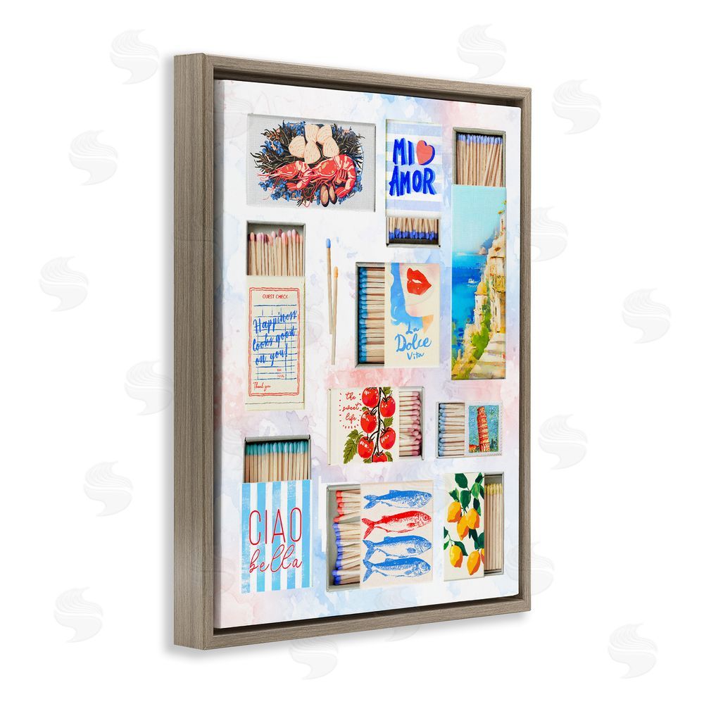 Ziwei Li Mediterranean Matchbox Collage Brown Floating Frame Canvas Wall Art Print