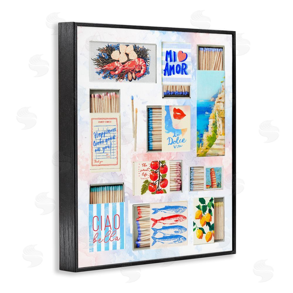 Ziwei Li Mediterranean Matchbox Collage Black Framed Giclee Wall Art Print