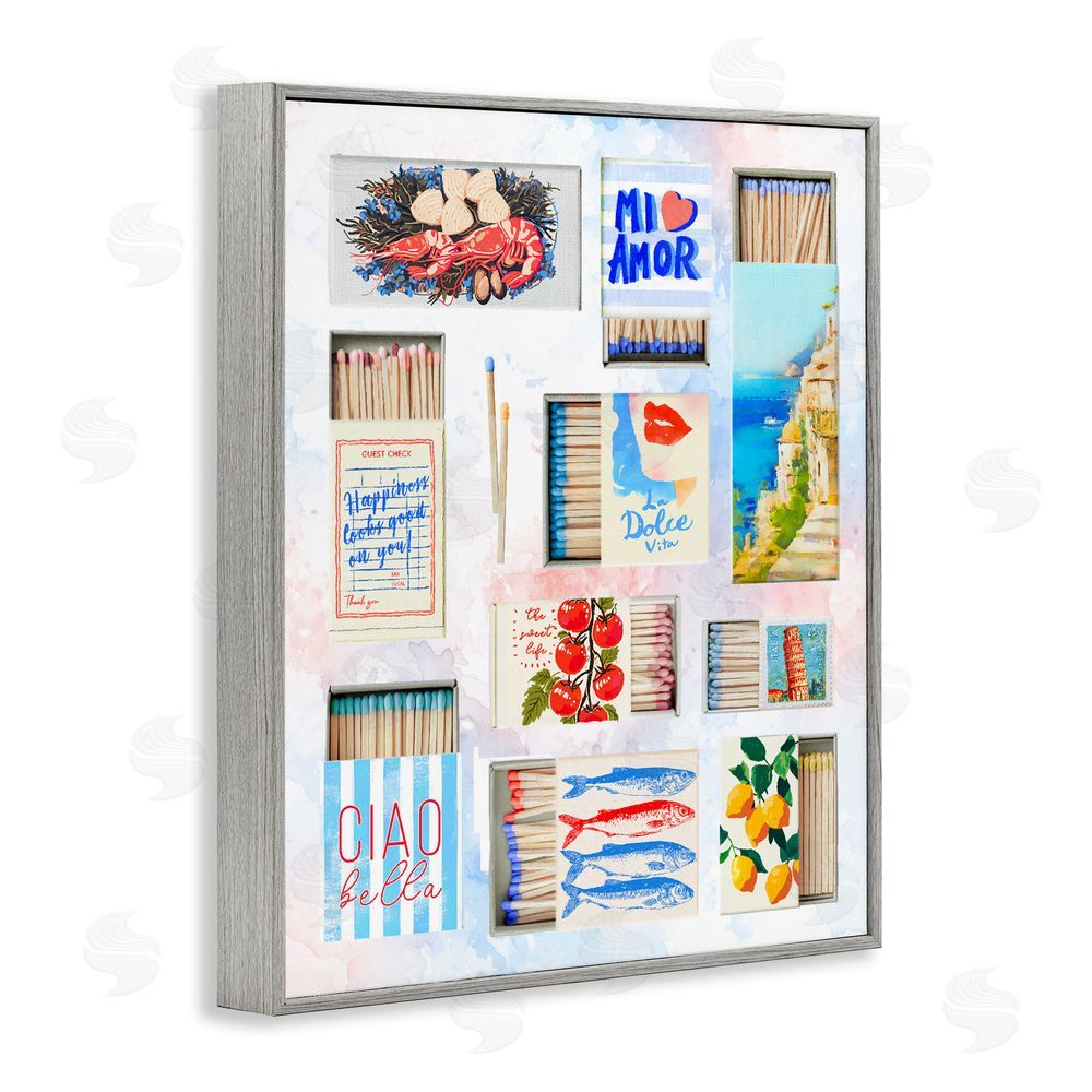 Ziwei Li Mediterranean Matchbox Collage Gray Framed Giclee Wall Art Print