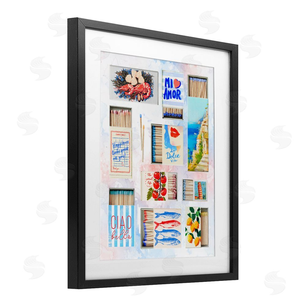 Ziwei Li Mediterranean Matchbox Collage Black Framed Print Under Glass Wall Art