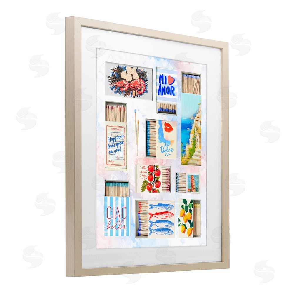 Ziwei Li Mediterranean Matchbox Collage Brown Framed Print Under Glass Wall Art