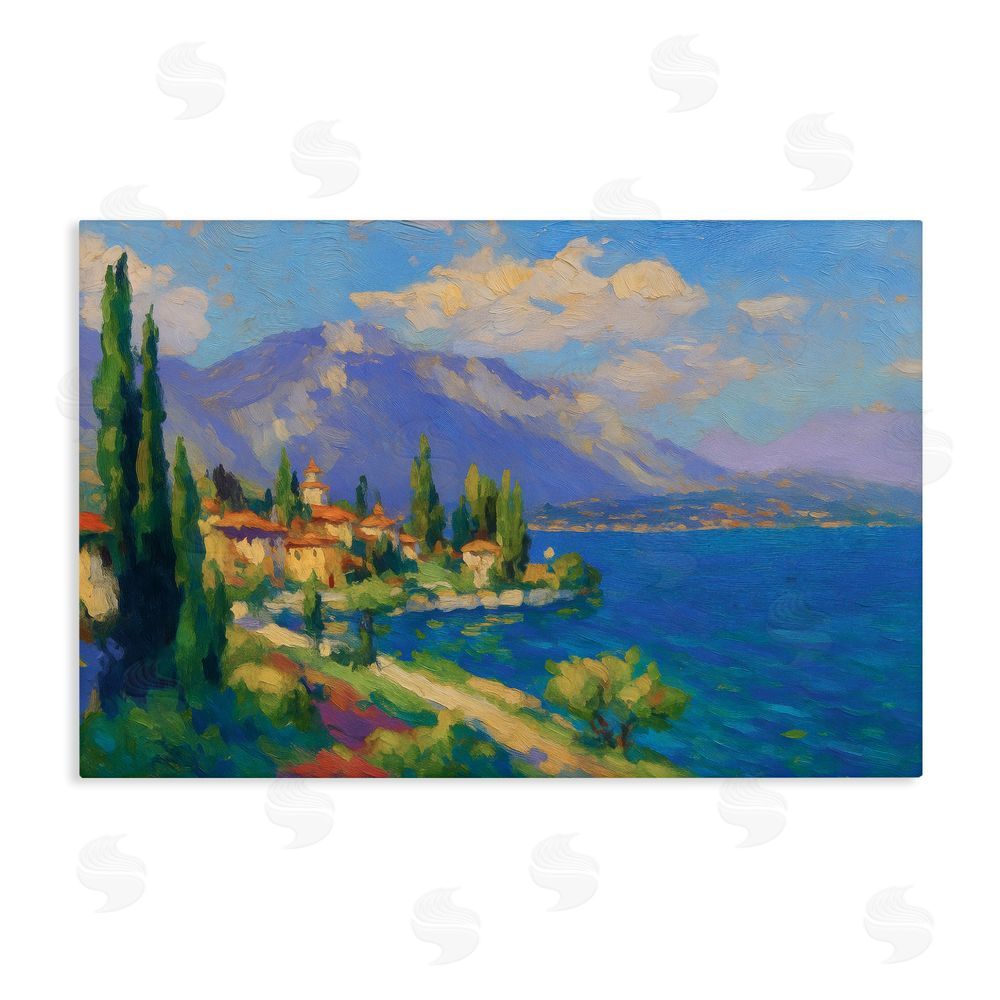 Ziwei Li Brushed Impression Lakeside Village Stretched Canvas Wall Art Print