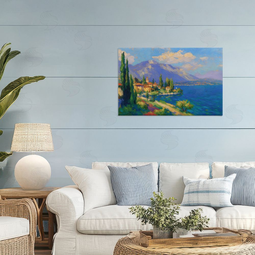 Ziwei Li Brushed Impression Lakeside Village Stretched Canvas Wall Art in Room