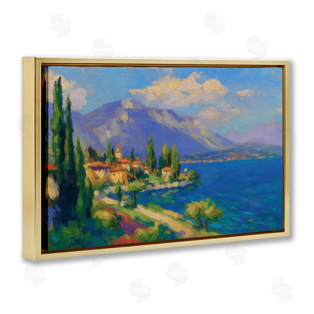Ziwei Li Brushed Impression Lakeside Village Gold Floating Frame Canvas Wall Art Print