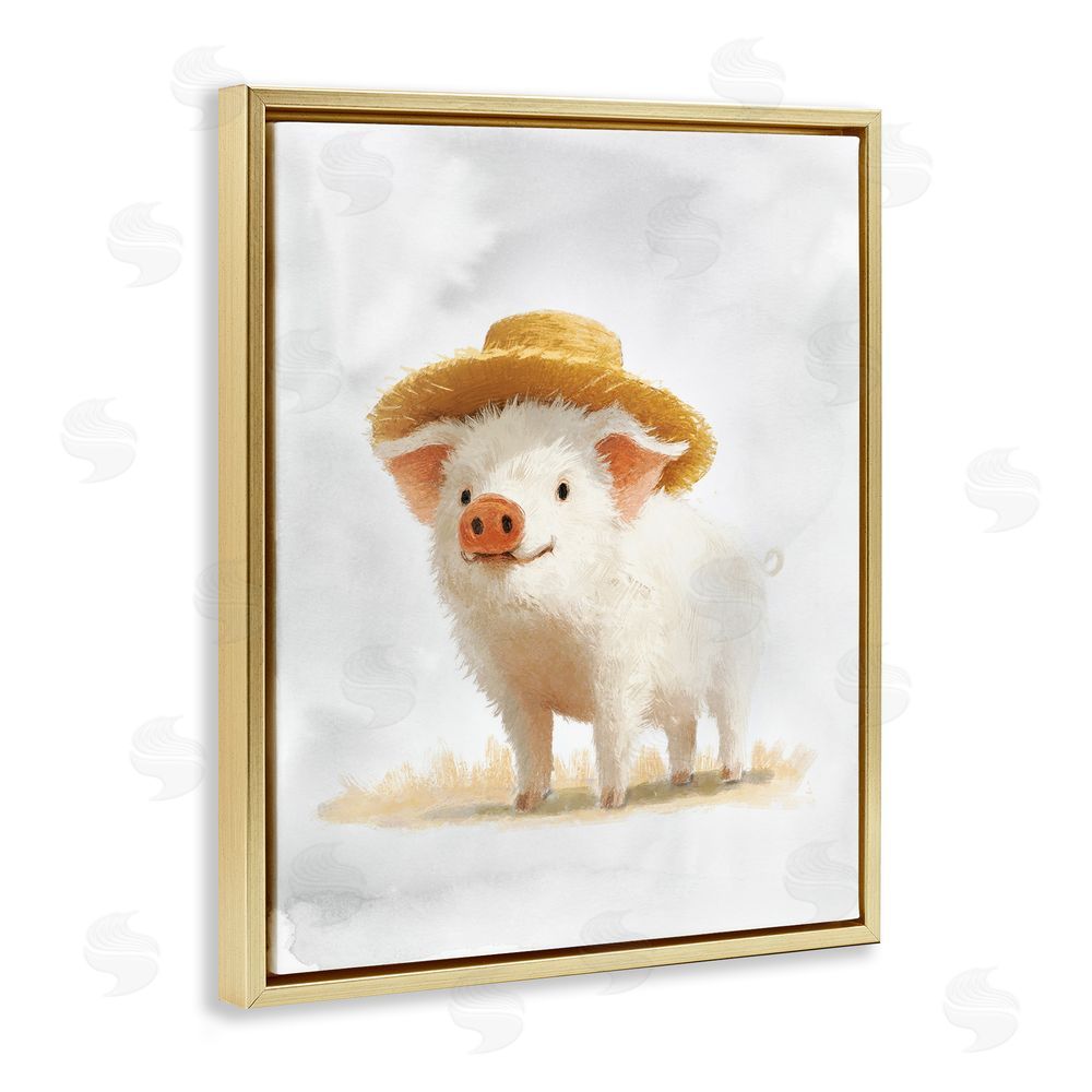 Ziwei Li Piglet in Straw Hat Gold Floating Frame Canvas Wall Art Print