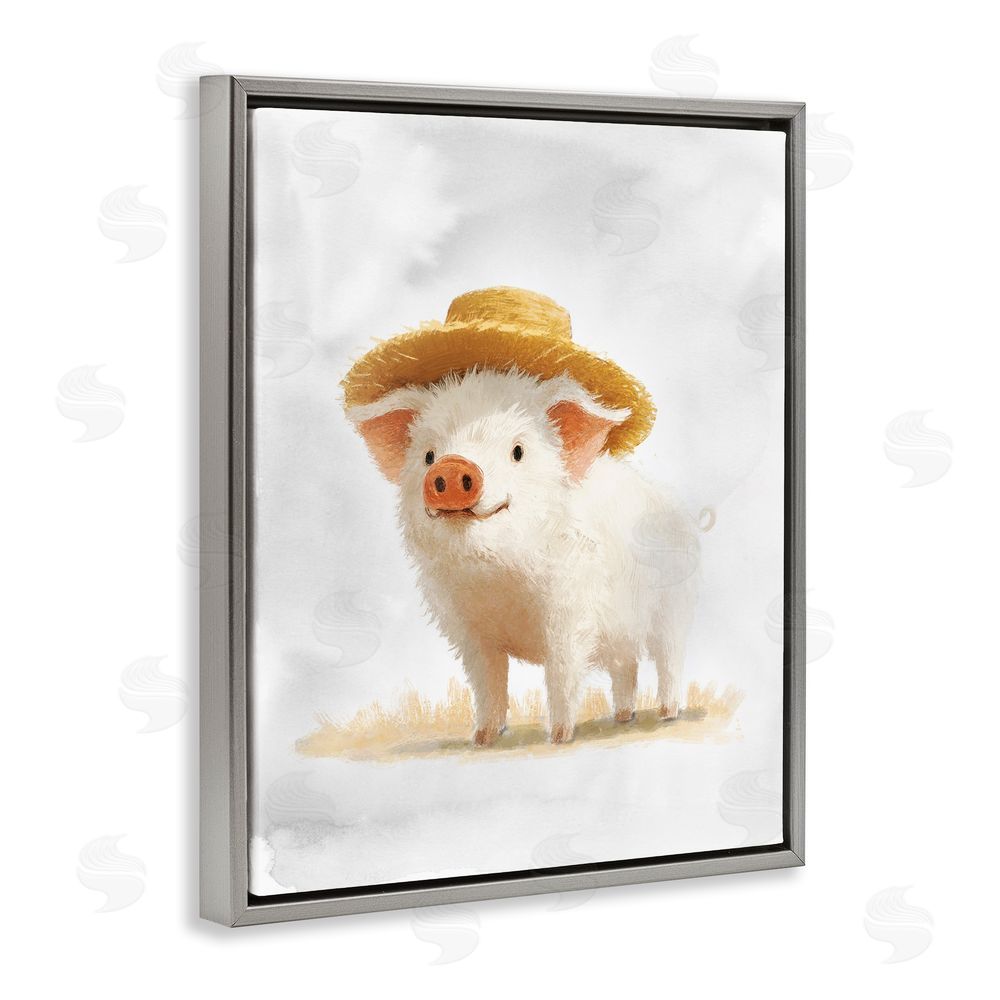 Ziwei Li Piglet in Straw Hat Gray Floating Frame Canvas Wall Art Print