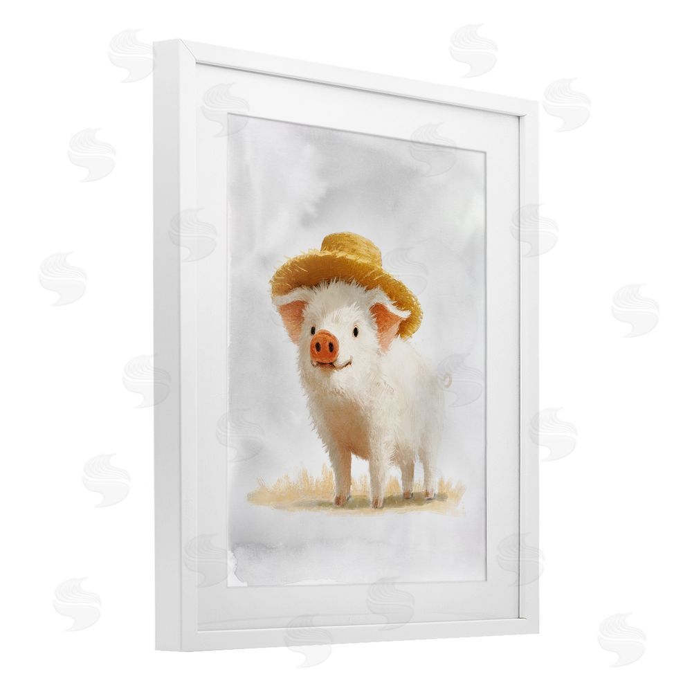 Ziwei Li Piglet in Straw Hat White Framed Print Under Glass Wall Art