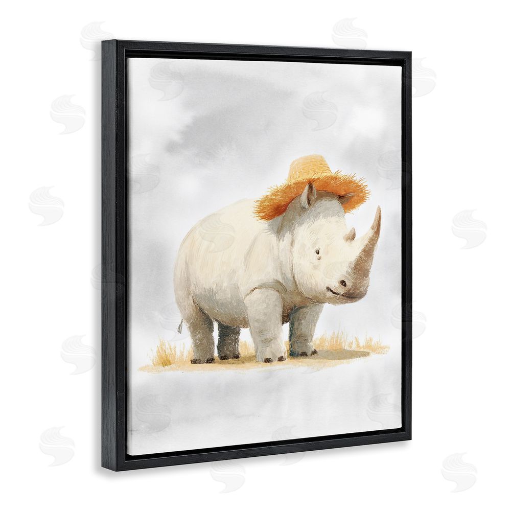 Ziwei Li Rhino in Straw Hat Black Floating Frame Canvas Wall Art Print