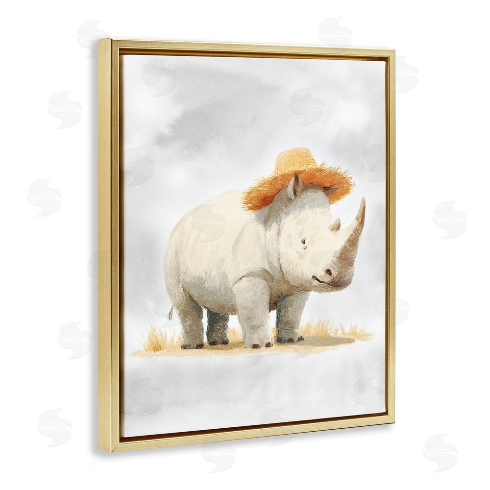 Ziwei Li Rhino in Straw Hat Gold Floating Frame Canvas Wall Art Print