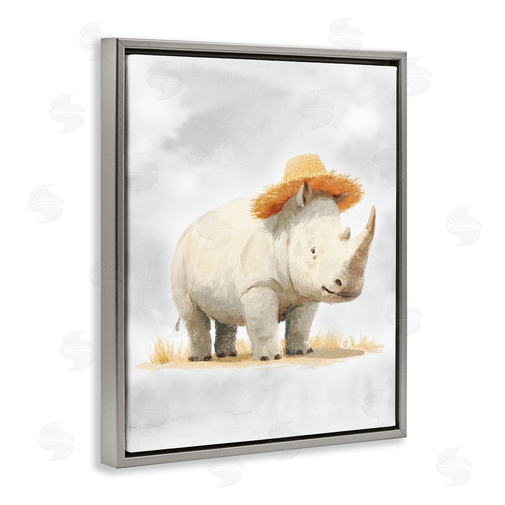 Ziwei Li Rhino in Straw Hat Gray Floating Frame Canvas Wall Art Print