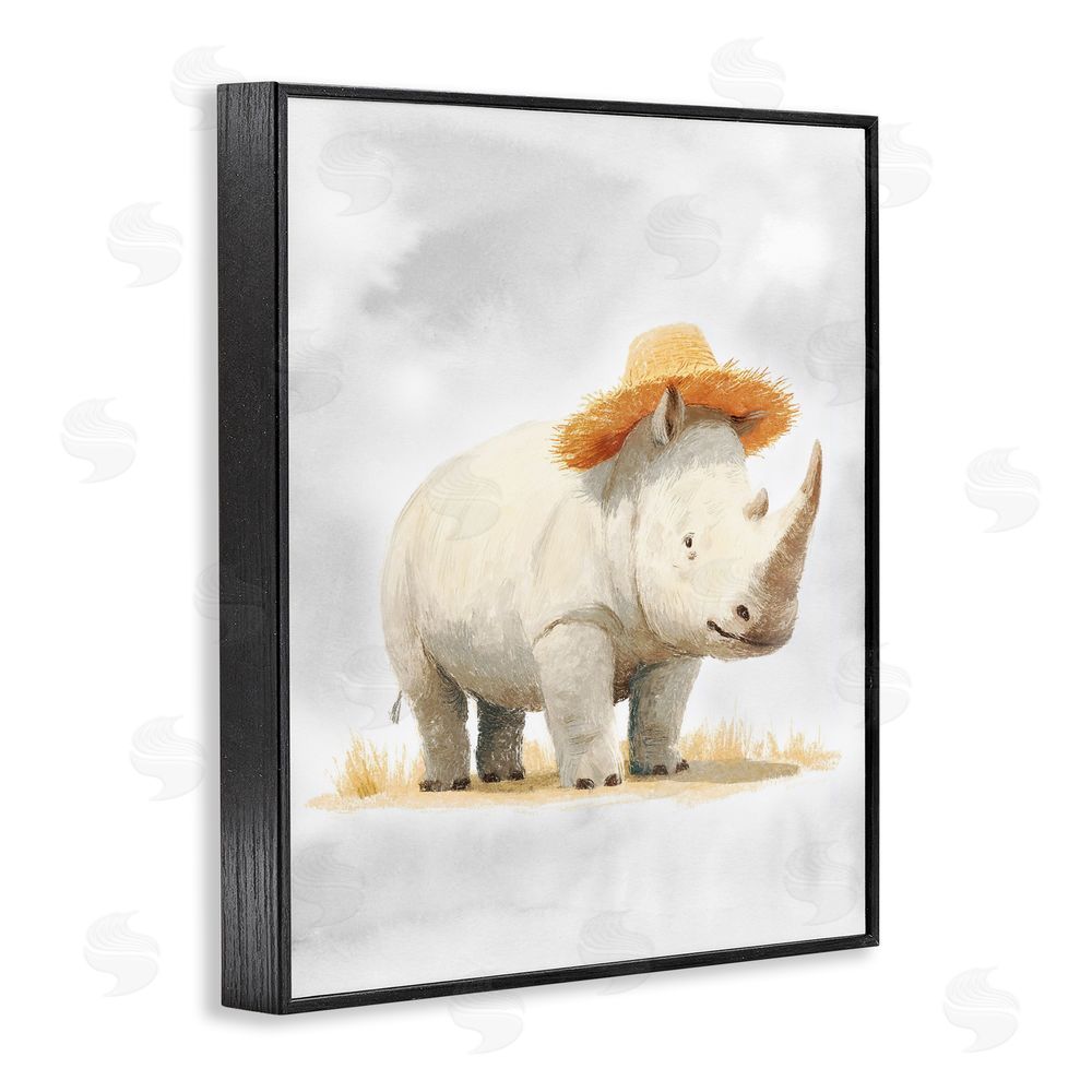 Ziwei Li Rhino in Straw Hat Black Framed Giclee Wall Art Print