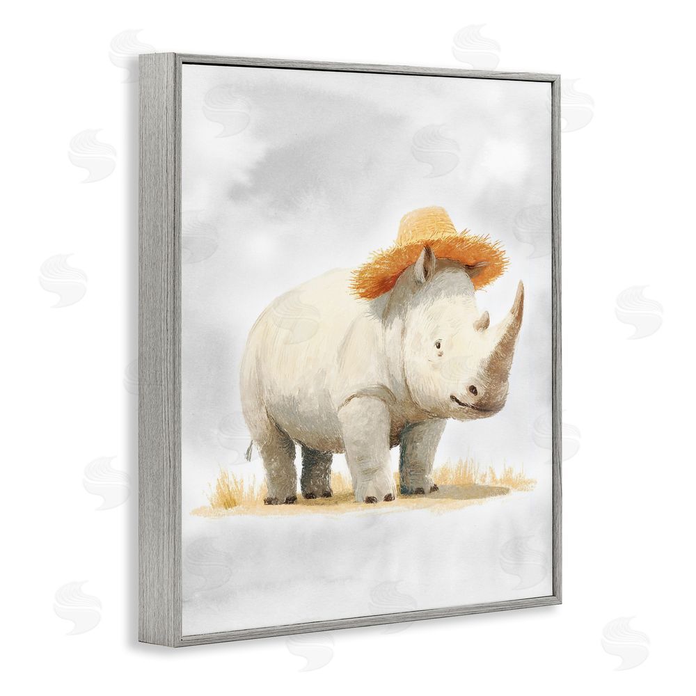 Ziwei Li Rhino in Straw Hat Gray Framed Giclee Wall Art Print